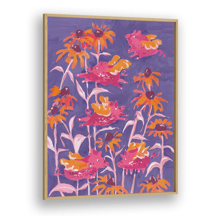 Pink Flying Piglets By Ania Zwara Botanical Flower Paintings Artwork in Oak Wood Plain Frame