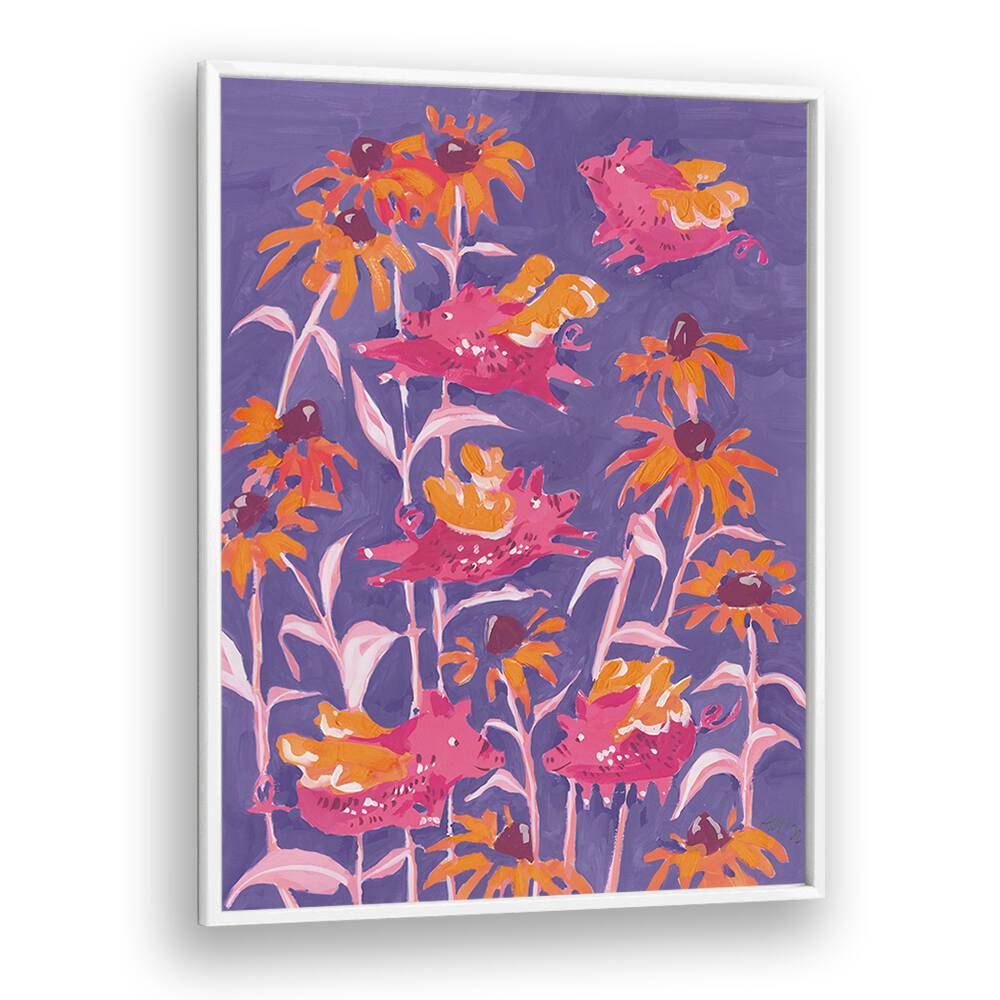 Pink Flying Piglets By Ania Zwara Botanical Flower Paintings painting Artwork  in White Plain Frame