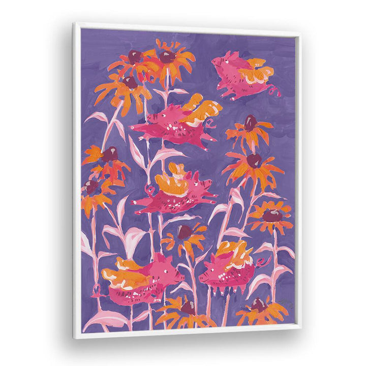 Pink Flying Piglets By Ania Zwara Botanical Flower Paintings painting Artwork  in White Plain Frame