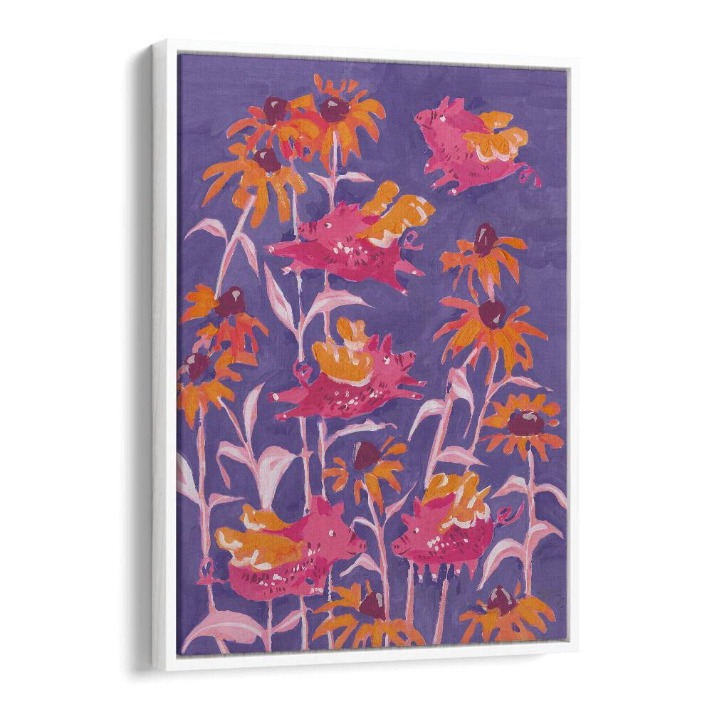 Pink Flying Piglets By Ania Zwara Botanical Flower Paintings Artwork  in White Floater Frame