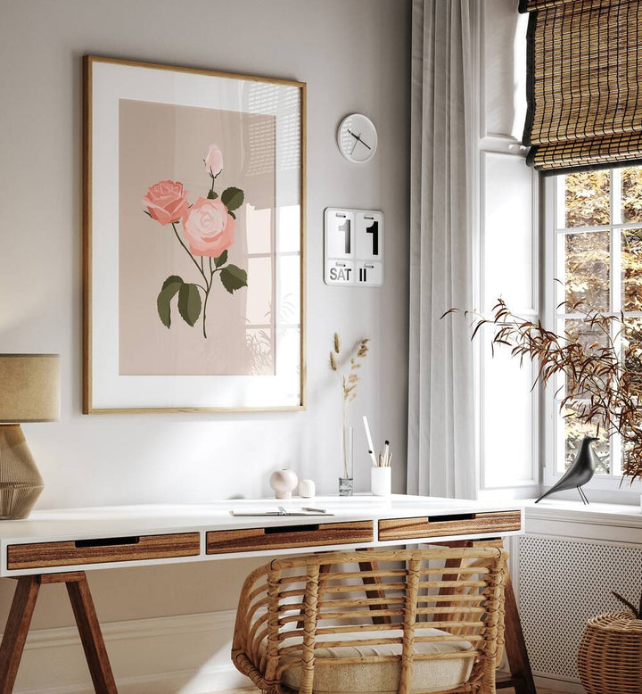 Elegant interior featuring PINK ROSE I, FLORAL FLOWER PAINTINGS, highlighting the beauty of a single pink rose.