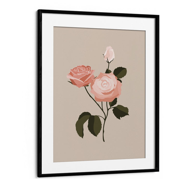 Elegant PINK ROSE I, FLORAL FLOWER PAINTINGS in a sleek black frame, showcasing the beauty of a single pink rose.