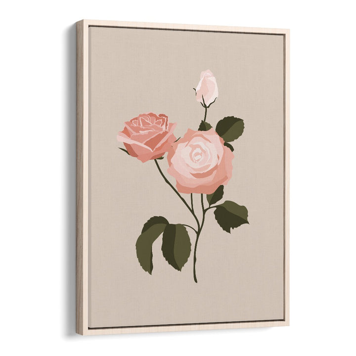 Delicate PINK ROSE I, FLORAL FLOWER PAINTINGS showcasing a stunning pink rose design in an oak wood floater frame.