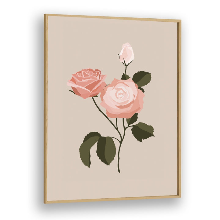 Elegant PINK ROSE I, FLORAL FLOWER PAINTINGS showcasing delicate pink roses in a natural setting with a wooden frame.