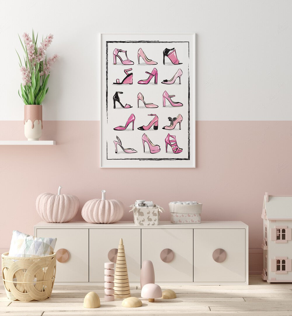 Decorate with PINK SHOES, FASHION POSTERS from Martina Fashion Paintings, showcasing stylish footwear art for your home.
