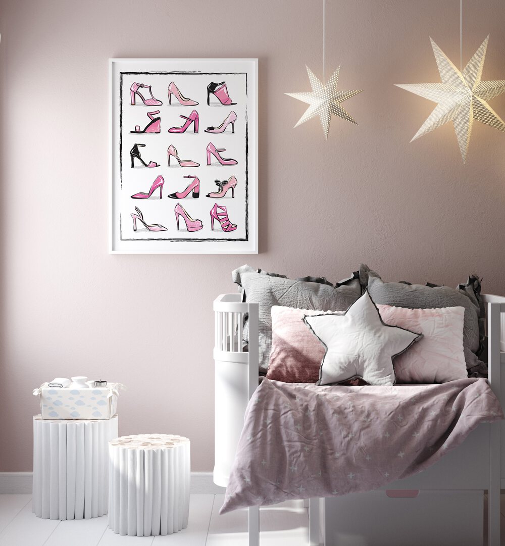 Stylish PINK SHOES FASHION POSTERS from Martina Fashion Paintings enhance your space with elegance and flair.