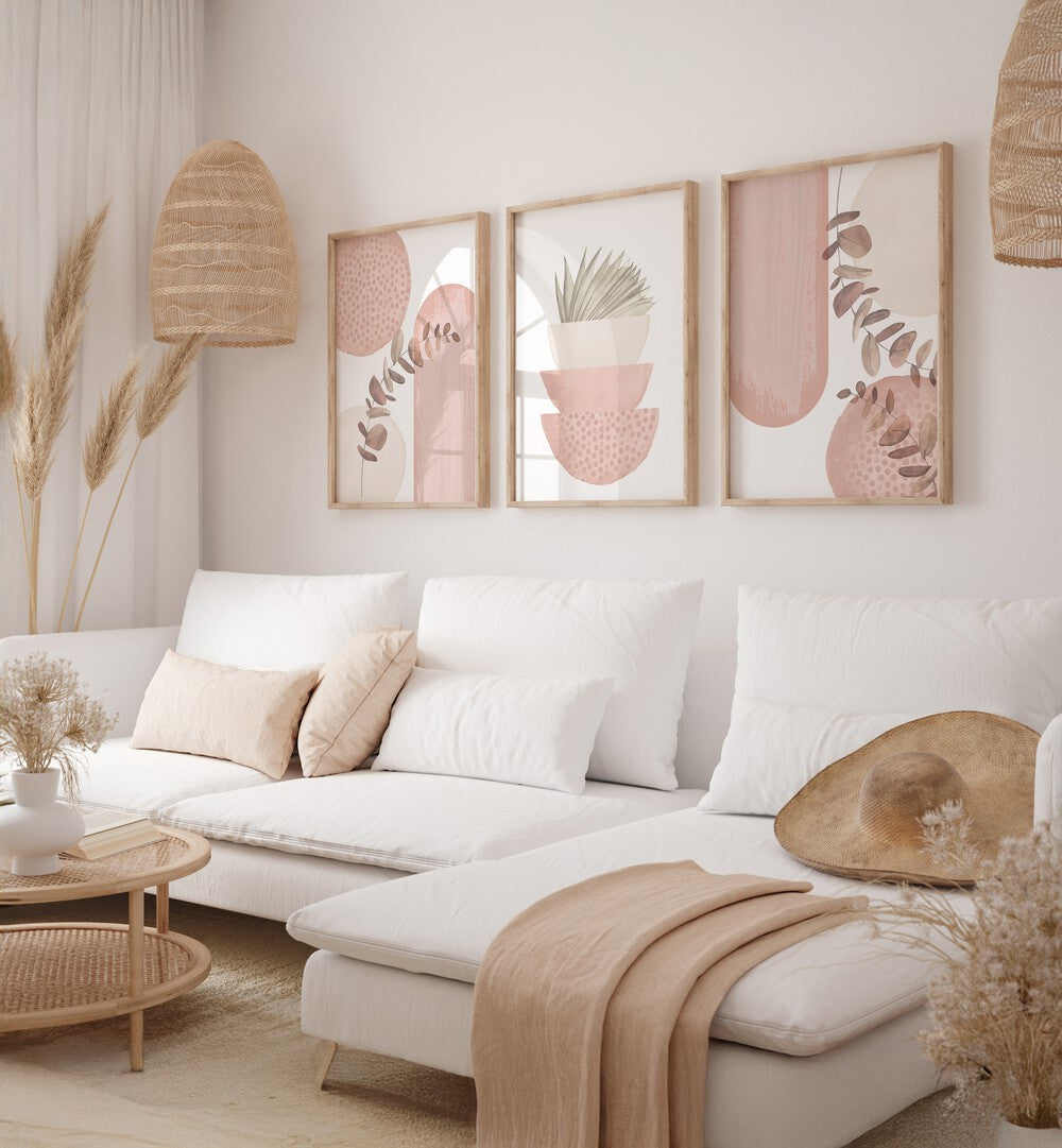 Elevate your decor with the PINK BOHO SET, a charming SET OF 3 PAINTINGS that brings bohemian warmth to any space.