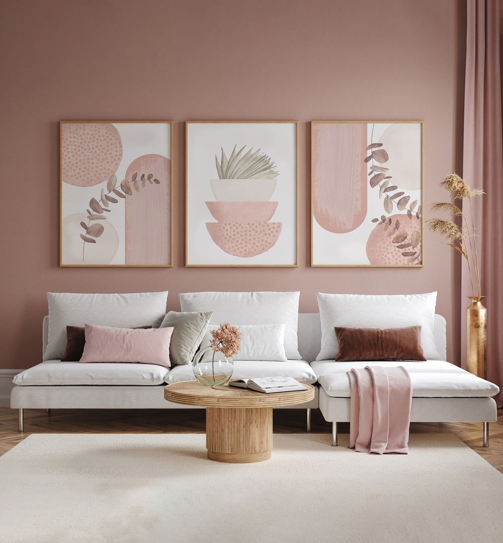 Enhance your décor with the PINK BOHO SET, a charming SET OF 3 PAINTINGS that adds bohemian warmth to any space.