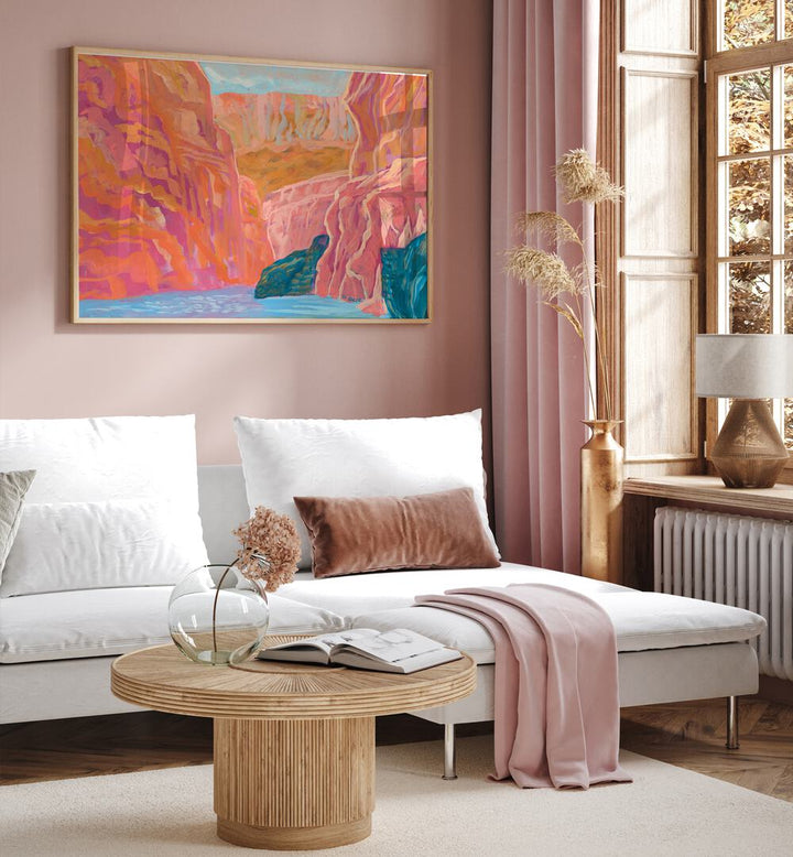 Vibrant PINK CANYON, LANDSCAPE PAINTINGS enhance your living space with stunning hues and serene canyon views.