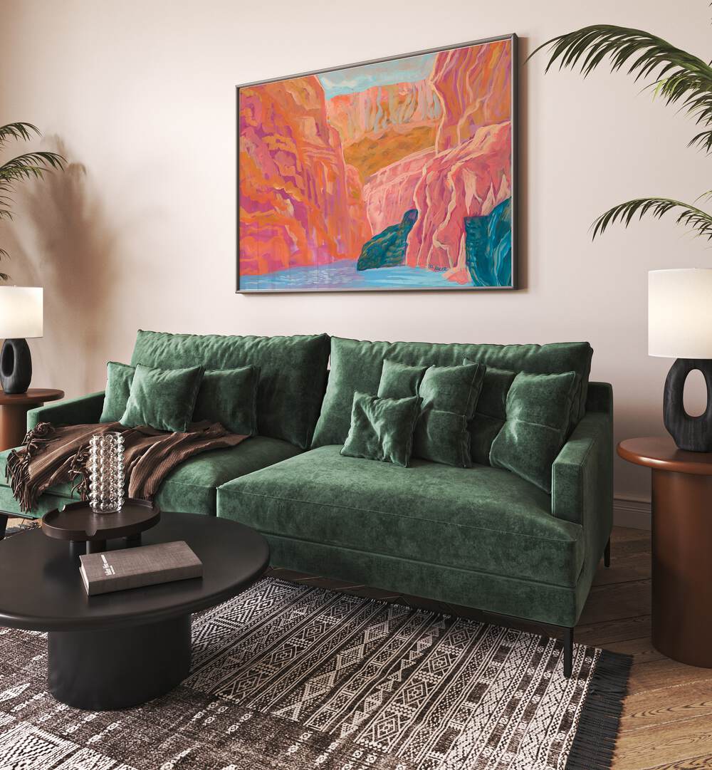Vibrant PINK CANYON, LANDSCAPE PAINTINGS brighten up a modern living space, showcasing stunning canyon hues.