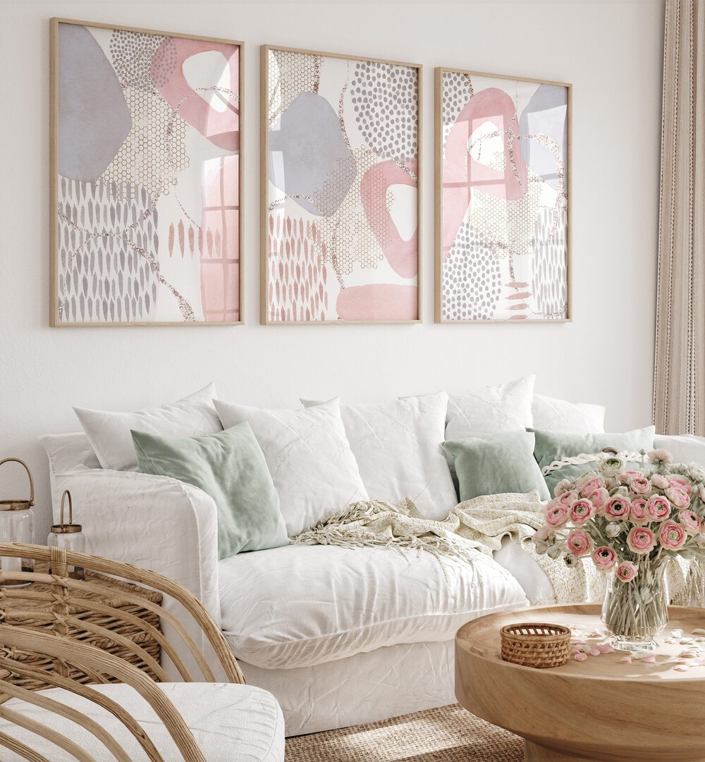 Elevate your decor with the PINK DREAMING SET, SET OF 3 PAINTINGS, featuring soft pink hues for a serene ambiance.