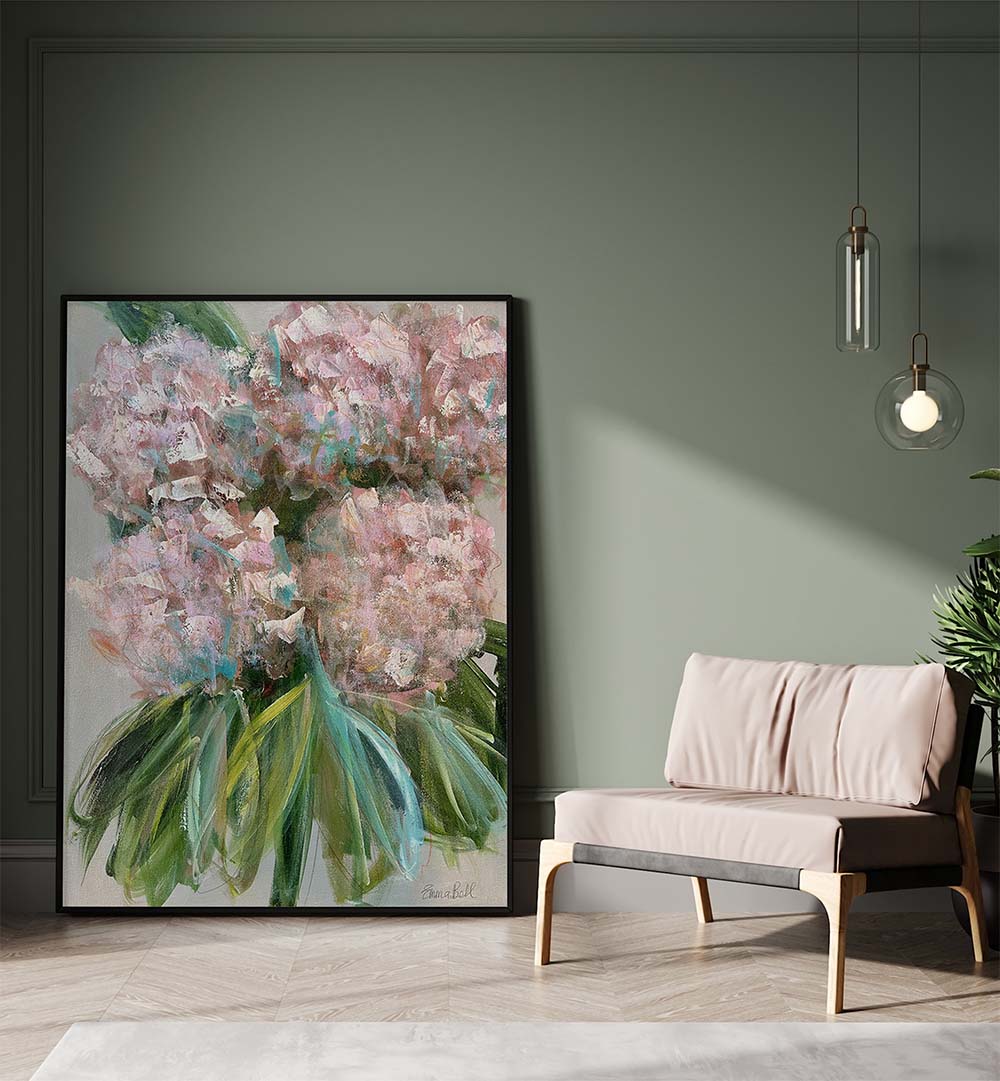 Elegant PINK HYDRANGEAS WITH LEAVES, FLORAL FLOWER PAINTINGS enhancing modern home décor with vibrant colors.