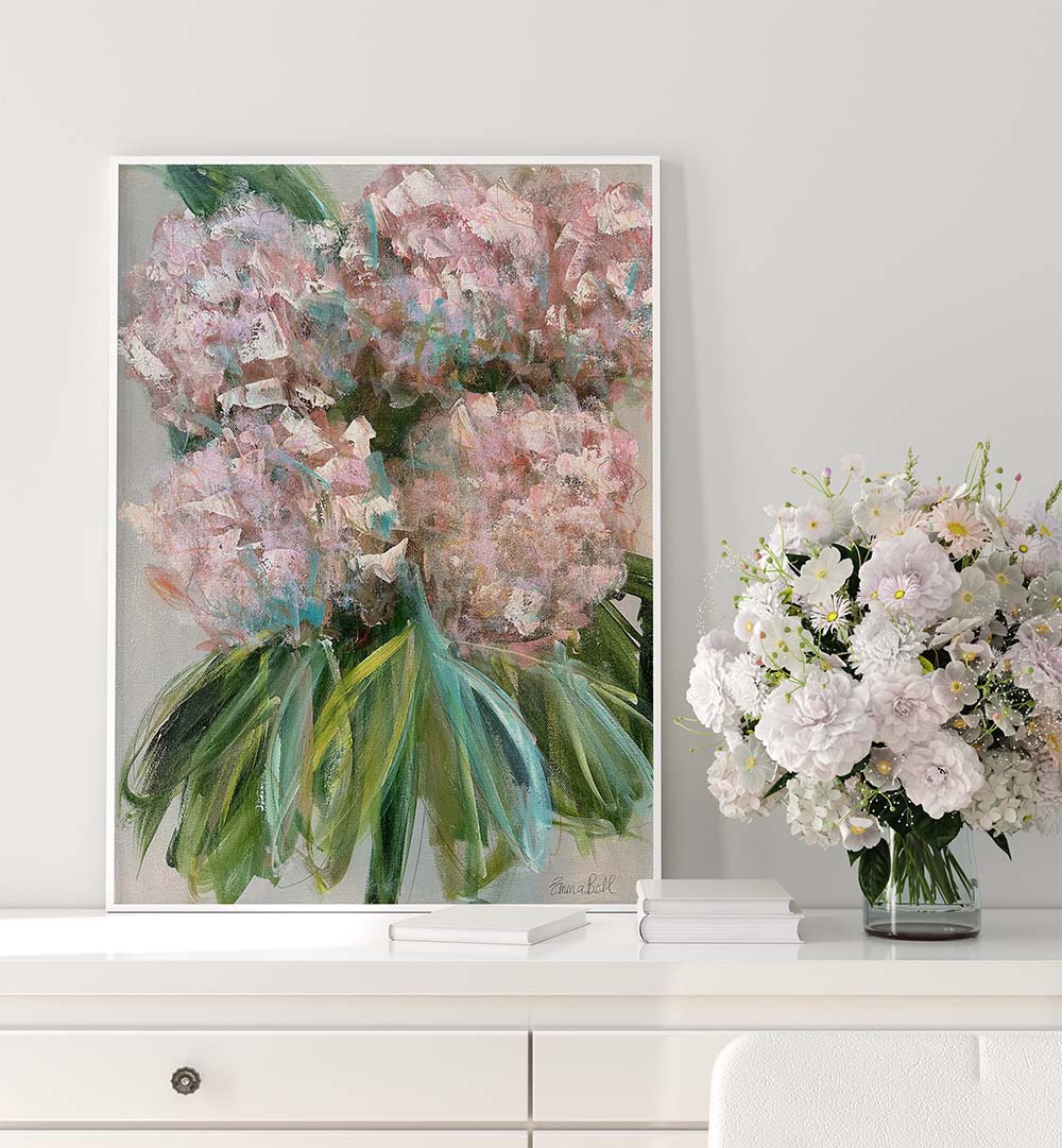PINK HYDRANGEAS WITH LEAVES, FLORAL FLOWER PAINTINGS, adding elegance and charm to your home décor.