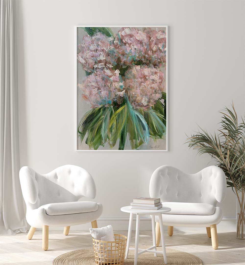 Bright and elegant PINK HYDRANGEAS WITH LEAVES, FLORAL FLOWER PAINTINGS, perfect for enhancing home décor.