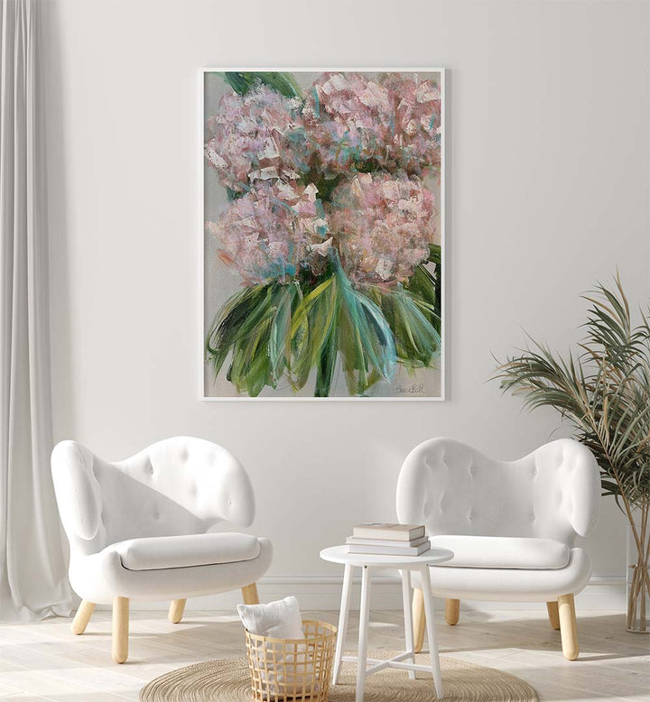 Bright and elegant PINK HYDRANGEAS WITH LEAVES, FLORAL FLOWER PAINTINGS, perfect for enhancing home décor.