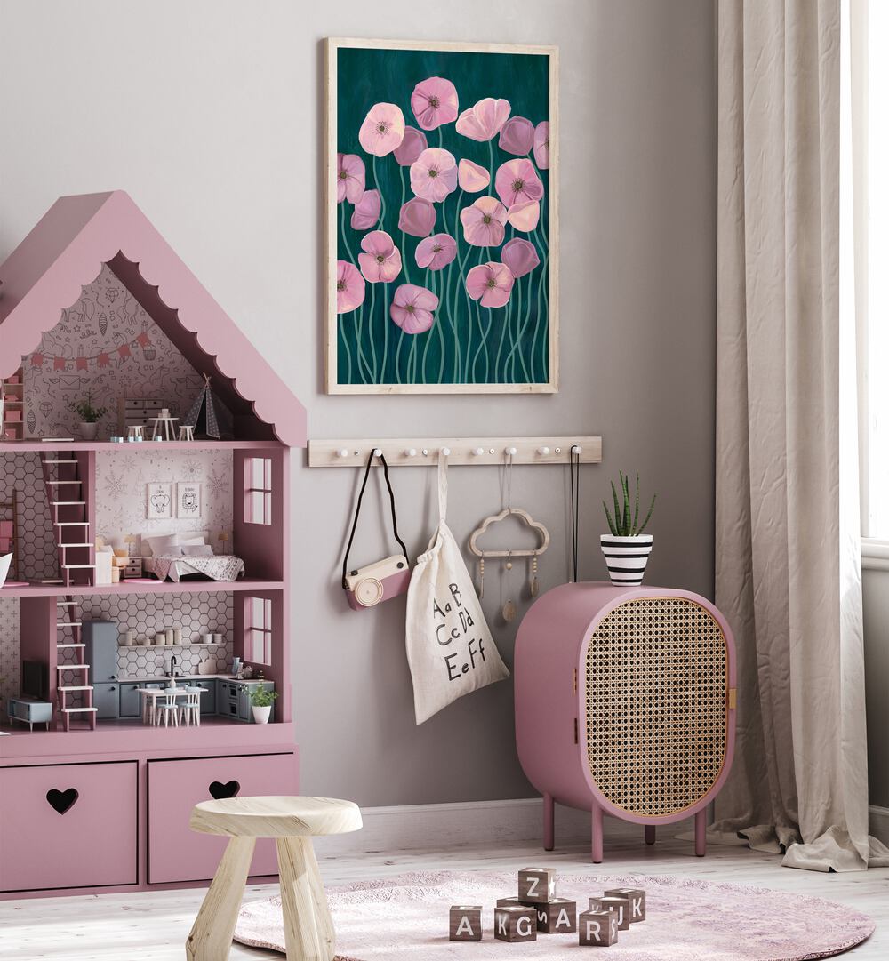 Vibrant PINK POPPIES II, FLORAL FLOWER PAINTINGS brighten a stylish room with soft pink hues and greenery.