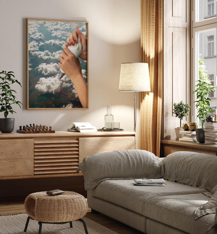 PIPING CLOUDS, SURREAL ART PRINTS by Vertigo Artography adds a whimsical touch to modern interiors.