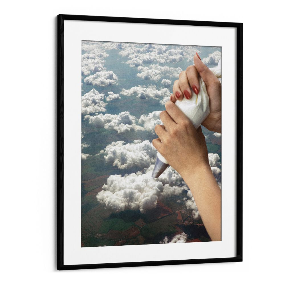PIPING CLOUDS, SURREAL ART PRINTS showcase whimsical clouds and hands in a striking framed piece by Vertigo Artography.