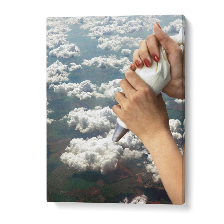 Hands using a piping bag to create whimsical clouds in "PIPING CLOUDS, SURREAL ART PRINTS" by Vertigo Artography.