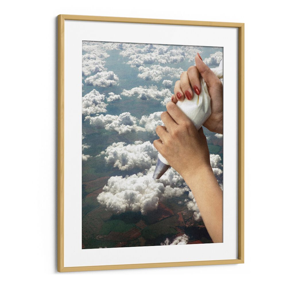 Whipped cream clouds are piped from above in this surreal art print, "PIPING CLOUDS," by Vertigo Artography.
