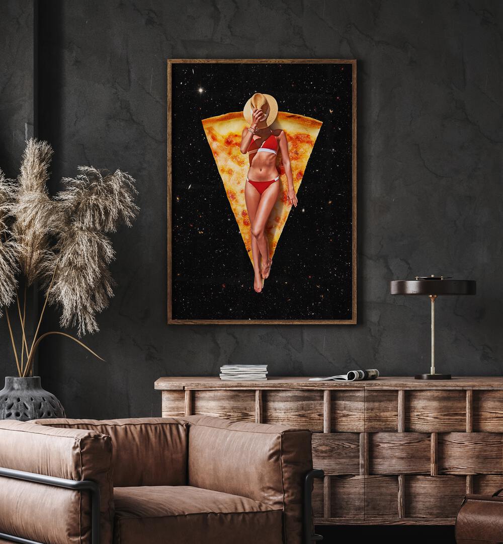 Pizza Sun Tan, surreal art prints featuring a woman against a cosmic backdrop, by Vertigo Artography.