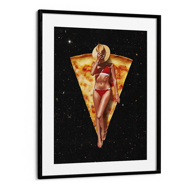Surreal art print "PIZZA SUN TAN" by Vertigo Artography features a playful fusion of pizza and beach vibes.