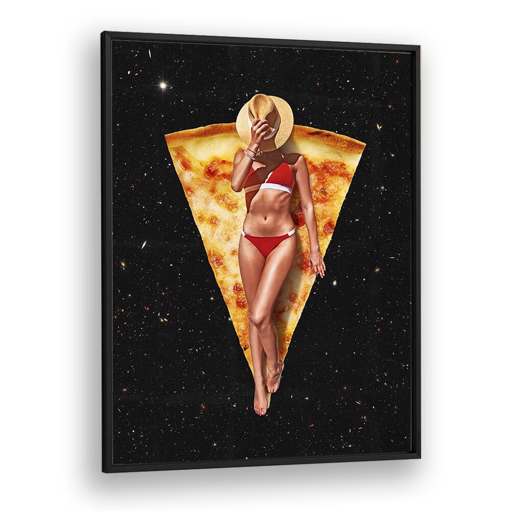 Whimsical PIZZA SUN TAN, SURREAL ART PRINTS featuring a bikini model and pizza slice, perfect for unique decor by Vertigo Artography.