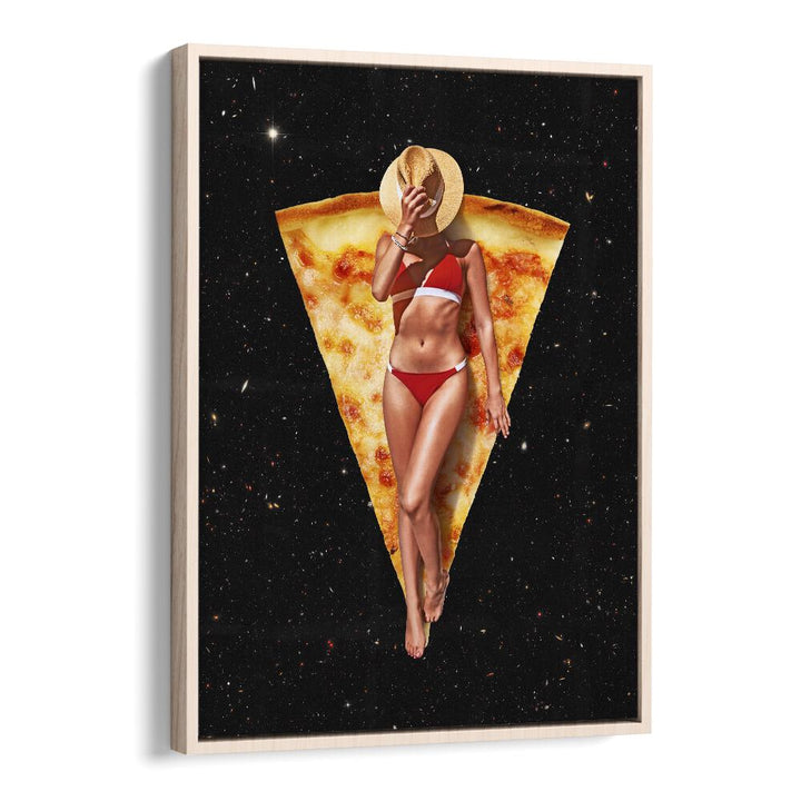PIZZA SUN TAN, SURREAL ART PRINTS by Vertigo Artography features a playful fusion of art and pizza in vibrant colors.