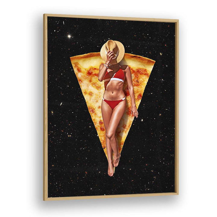 PIZZA SUN TAN, SURREAL ART PRINTS by Vertigo Artography features a woman lounging on a pizza slice in space.