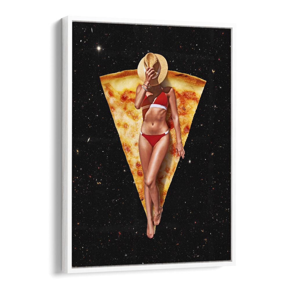 PIZZA SUN TAN, SURREAL ART PRINTS by Vertigo Artography features a whimsical fusion of pizza and beach vibes.