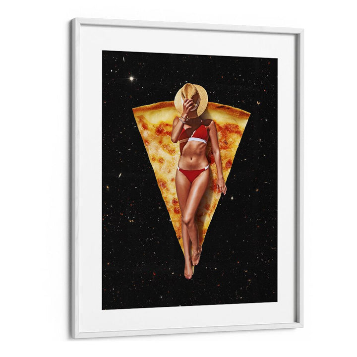 Surreal art print "PIZZA SUN TAN" by Vertigo Artography, featuring a beach theme with a pizza slice backdrop.