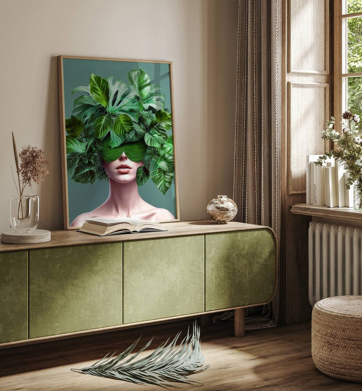 Surreal art print "PLANT LOVER III" featuring a botanical-themed portrait, perfect for plant lovers' home decor.