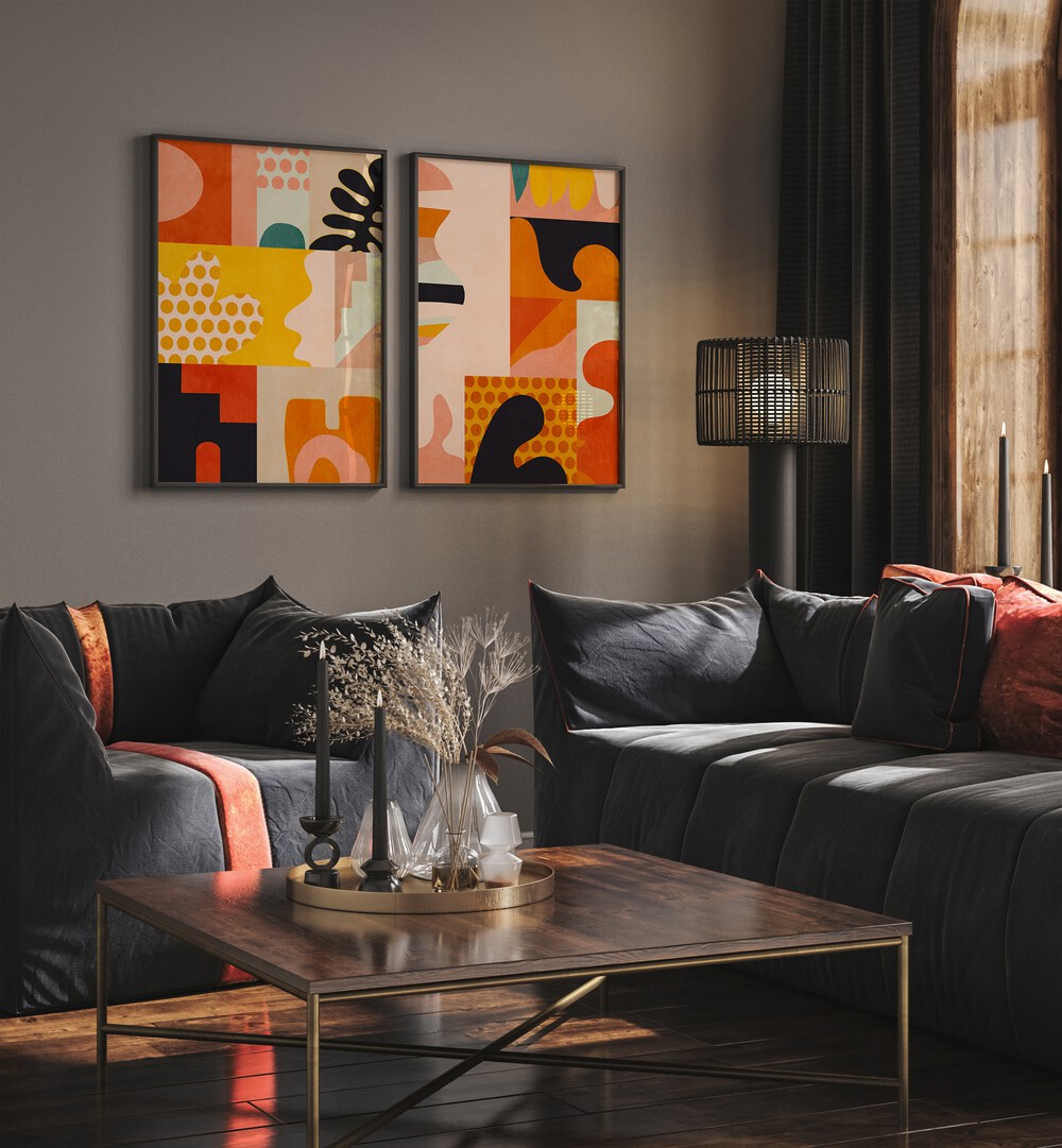 Vibrant PLAYING AROUND SHAPES SET, SET OF 2 PAINTINGS, perfect for adding creativity to your living space.