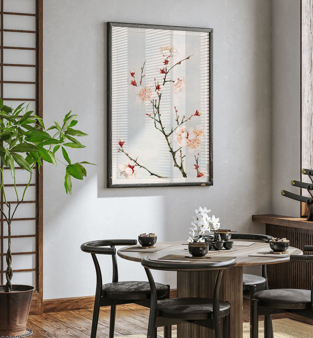 Elegant PLUM BRANCHES WITH BLOSSOMS, JAPANESE PAINTINGS art print enhancing a serene dining space with traditional charm.