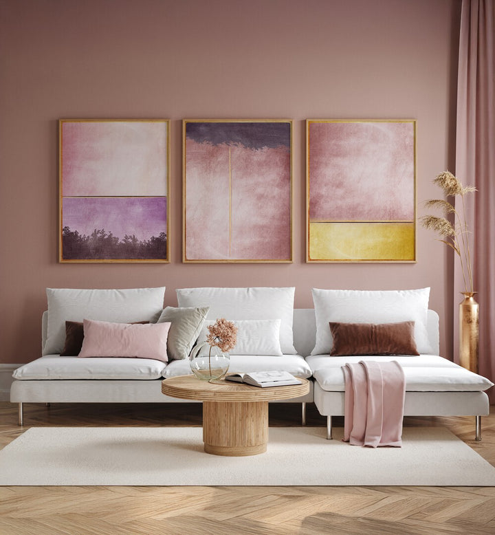 Transform your space with the PLUM GOLD ABSTRACT SET, SET OF 3 PAINTINGS, featuring elegant plum and gold tones.