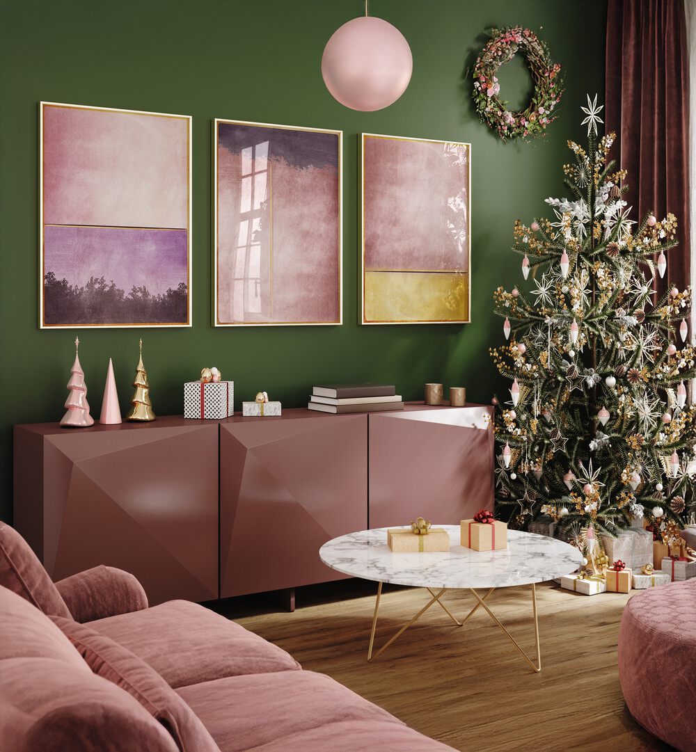 Elegant living room featuring the PLUM GOLD ABSTRACT SET, SET OF 3 PAINTINGS, perfect for sophisticated spaces.