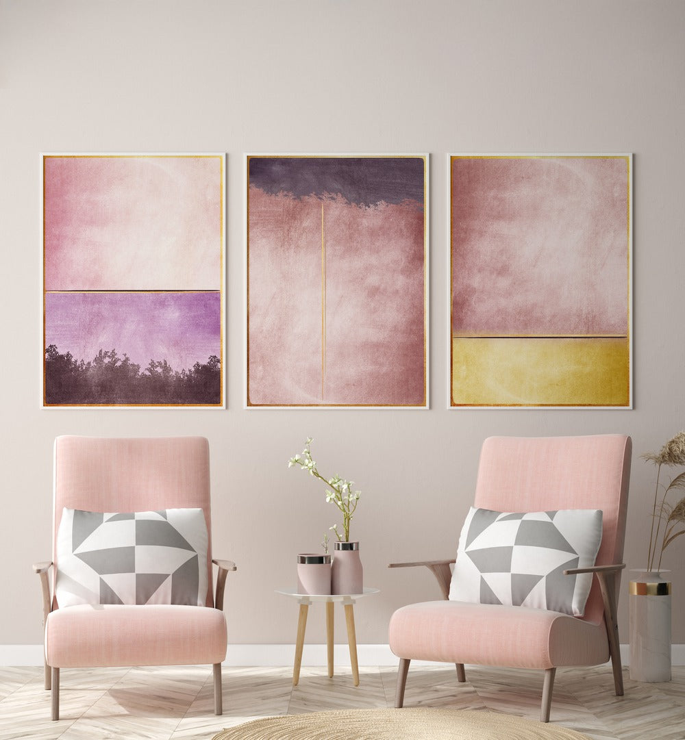 Stylishly enhance your space with the PLUM GOLD ABSTRACT SET, SET OF 3 PAINTINGS featuring elegant plum and gold hues.