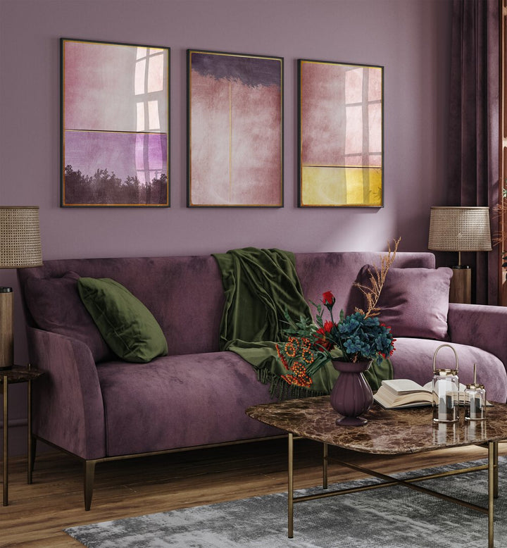 Elevate your space with the PLUM GOLD ABSTRACT SET, SET OF 3 PAINTINGS featuring elegant plum and gold tones.