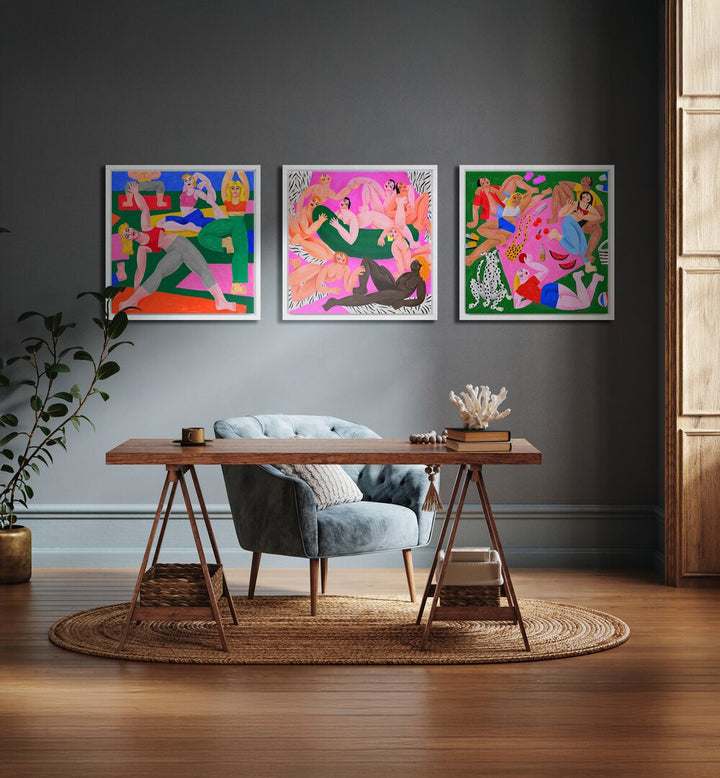 Bright and vibrant, the POETIC MOVEMENTS SET, SET OF 3 PAINTINGS adds artistic flair to any modern decor.