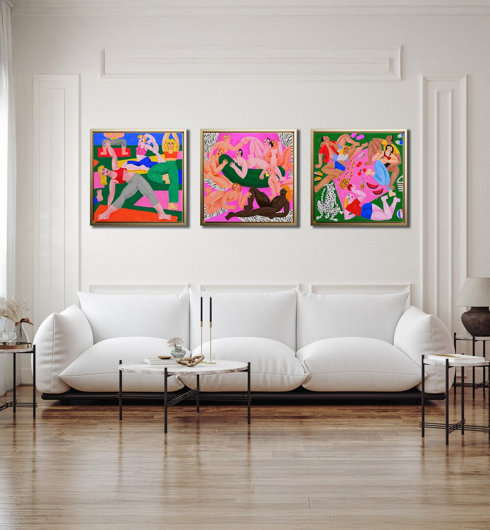 Vibrant POETIC MOVEMENTS SET, SET OF 3 PAINTINGS enhancing modern living room decor with colorful artwork.