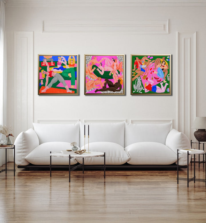 Vibrant POETIC MOVEMENTS SET, SET OF 3 PAINTINGS enhancing modern living room decor with colorful artwork.