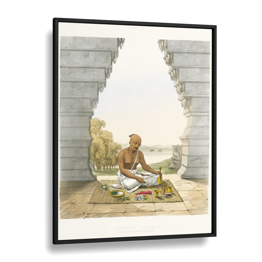 Pooja of Vishnoo, Indian Art Paintings, showcases a spiritual scene with rich cultural heritage in a framed artwork.