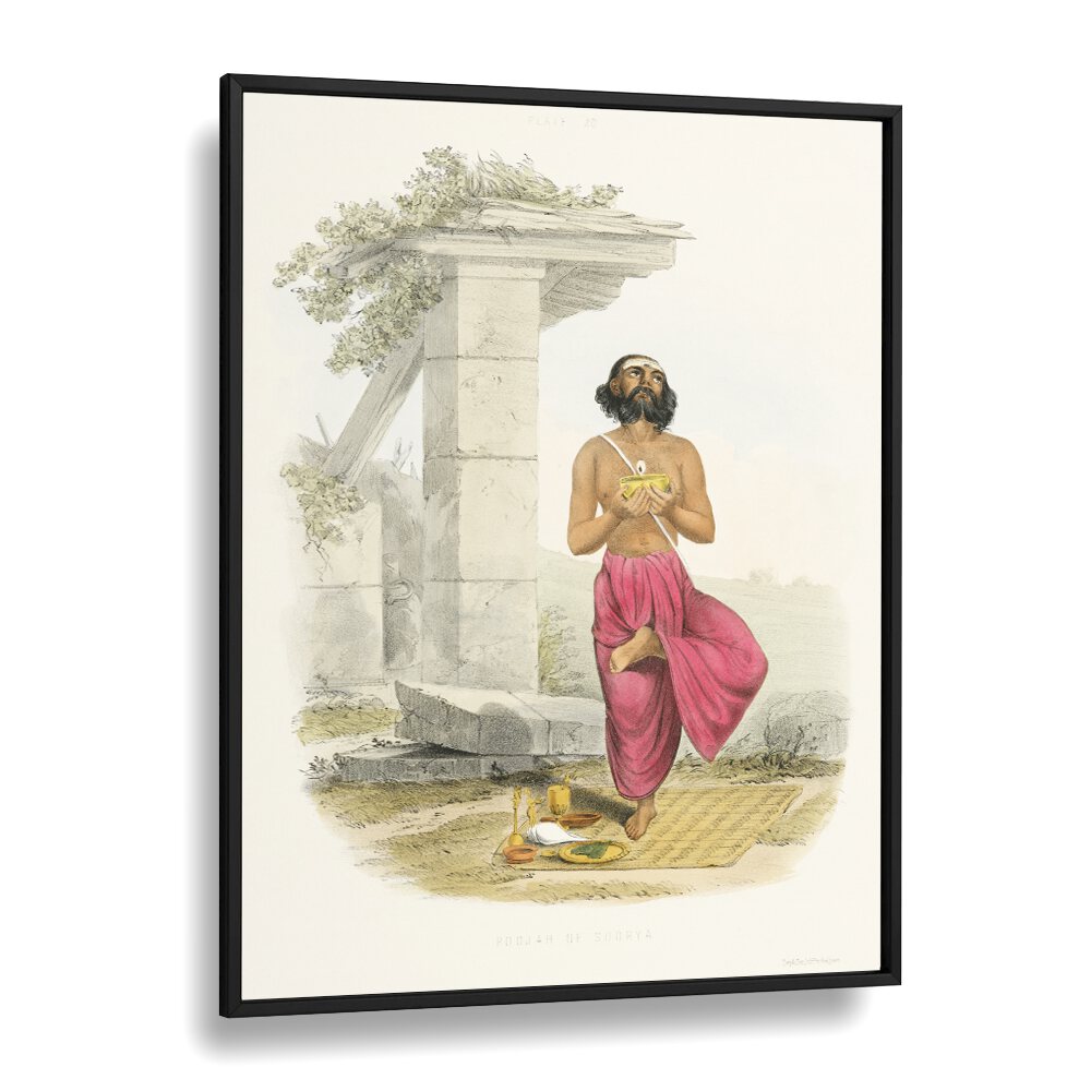 Elegant POOJA TO SOORYA (SUN) INDIAN ART PAINTINGS showcasing devotion and artistry in a striking black frame.