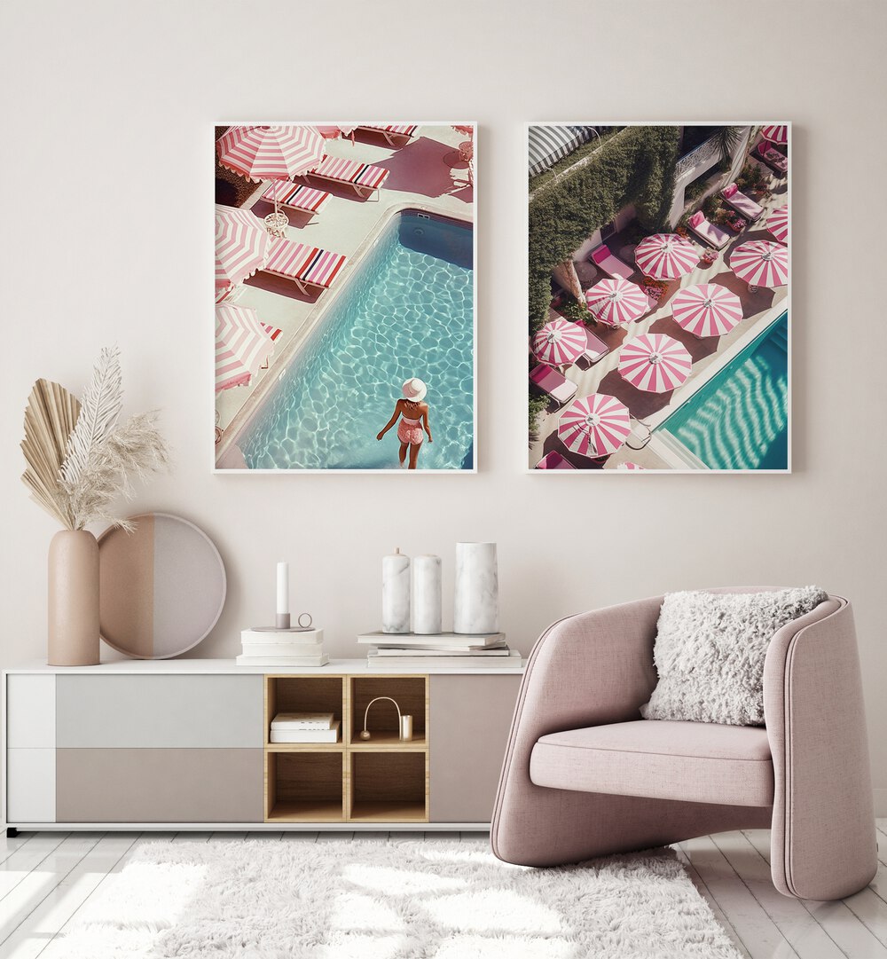 Transform your space with the POOLSIDE BLISS SET, SET OF 2 PAINTINGS, showcasing serene poolside scenes.