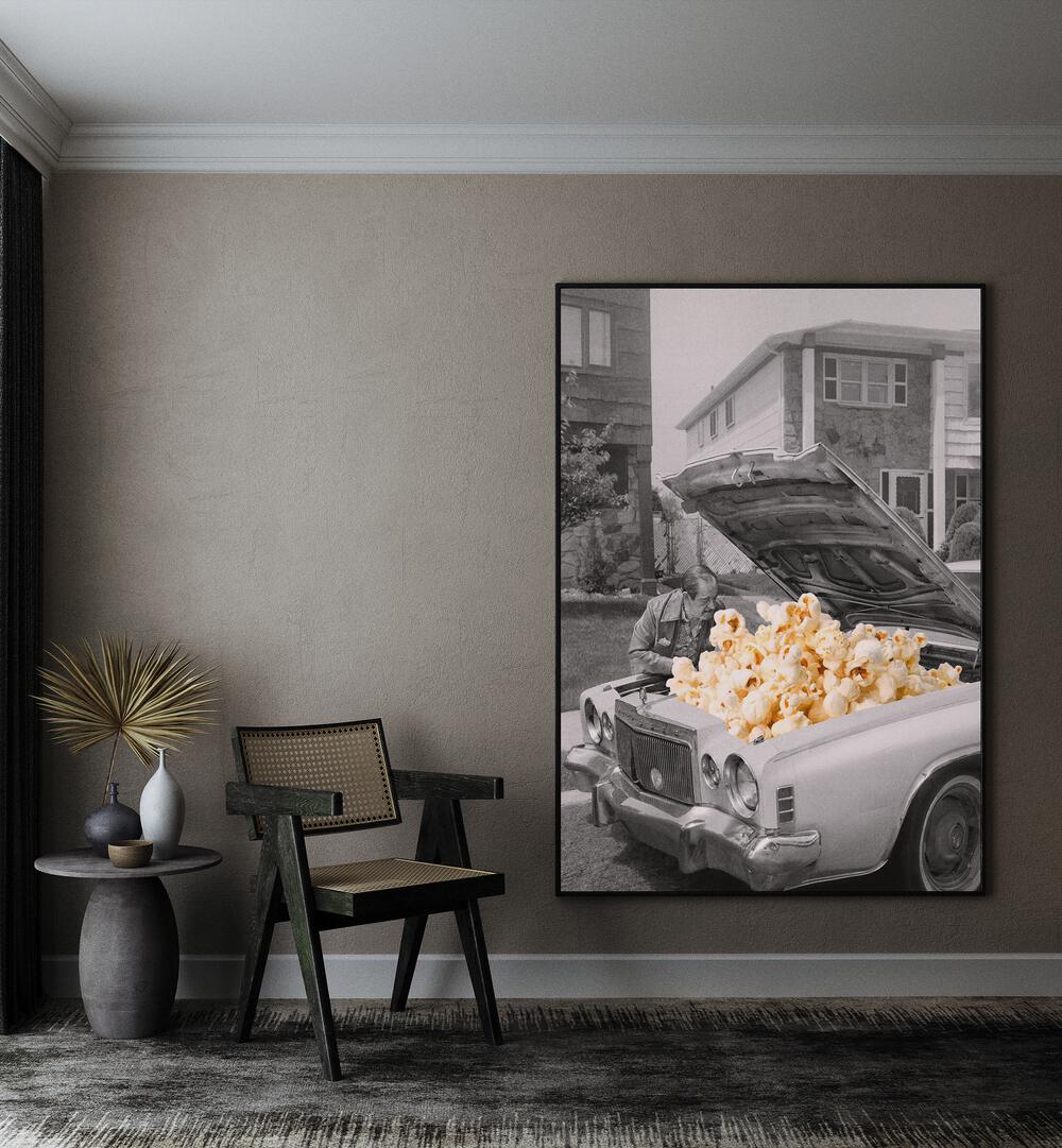 Surreal art print "Pop The Hood - Popcorn Car" by Vertigo Artography brings whimsical charm to your space.