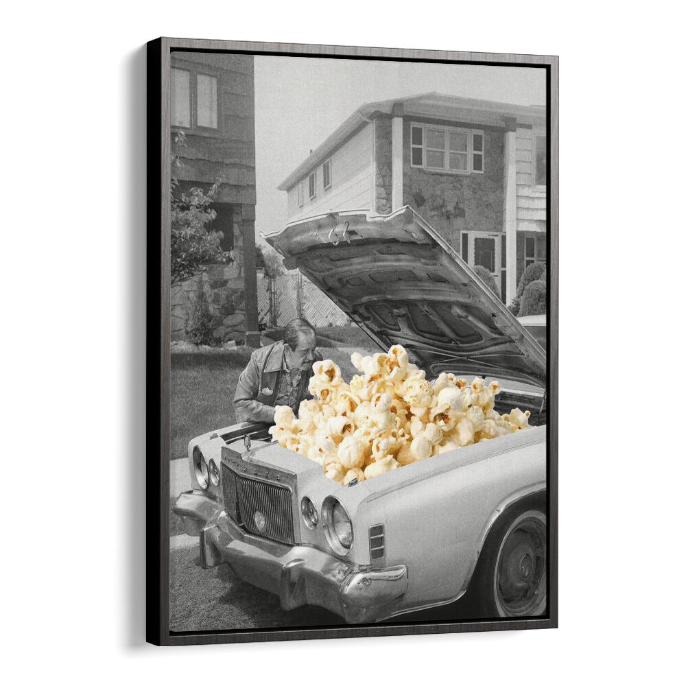 Surreal art print "Pop The Hood - Popcorn Car" by Vertigo Artography features whimsical popcorn-filled engine.