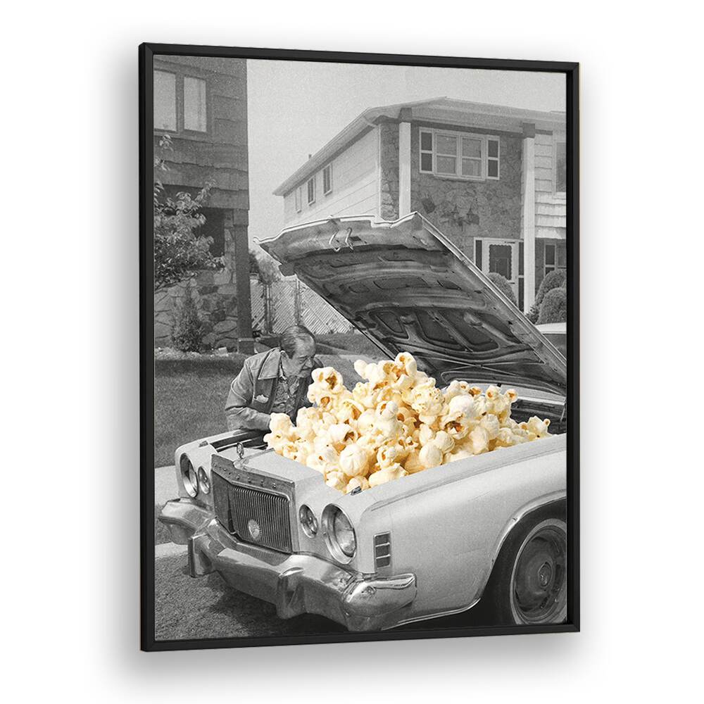 Surreal art print "Pop The Hood" features a popcorn-filled car, showcasing unique charm by Vertigo Artography.