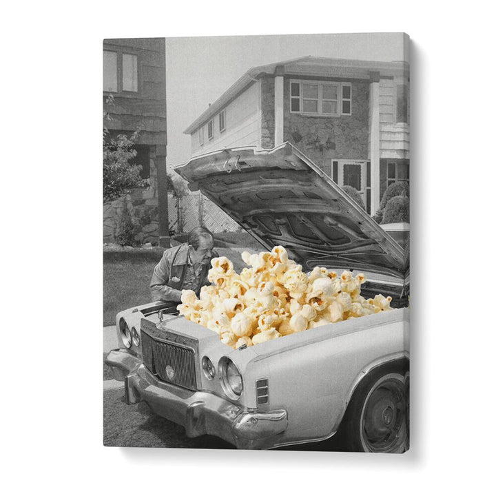 Surreal art print "Pop The Hood" features a whimsical popcorn-filled car by Vertigo Artography. Perfect for unique decor!