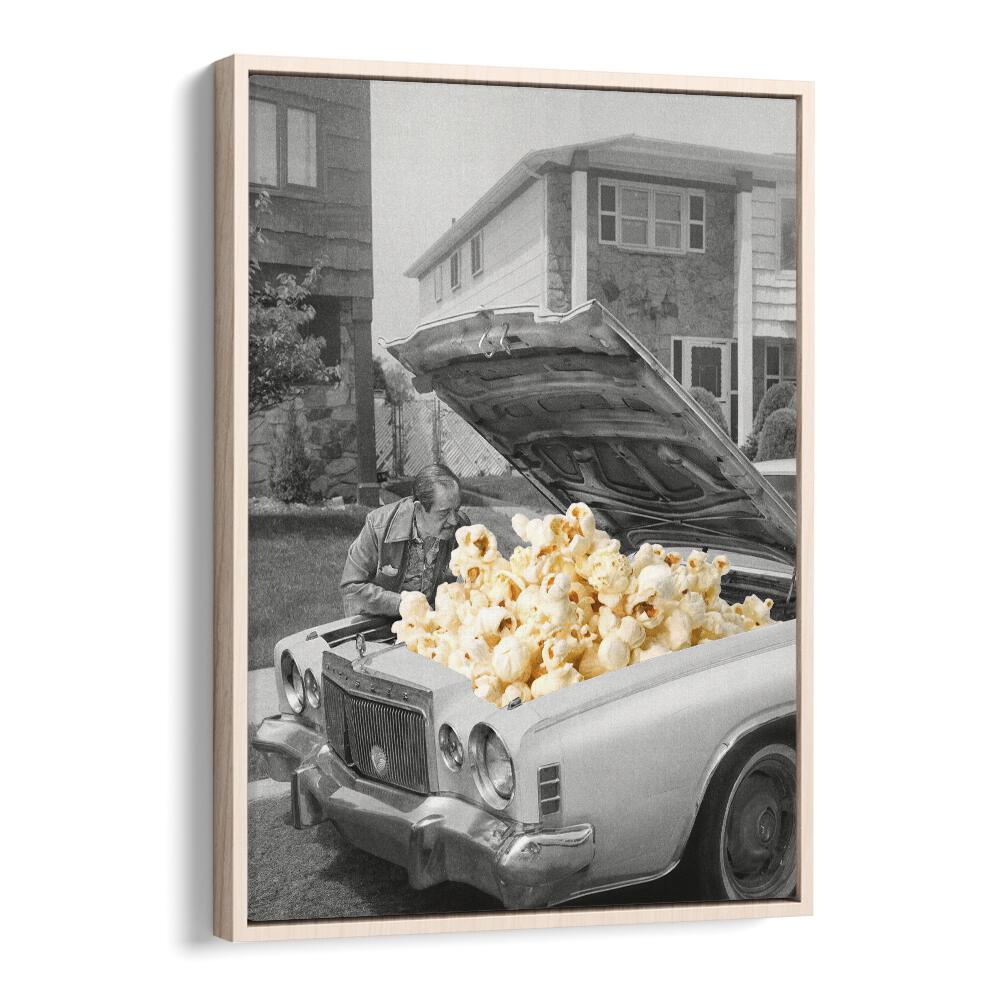 Explore the whimsical "POP THE HOOD, SURREAL ART PRINTS" featuring a popcorn-filled car by Vertigo Artography.