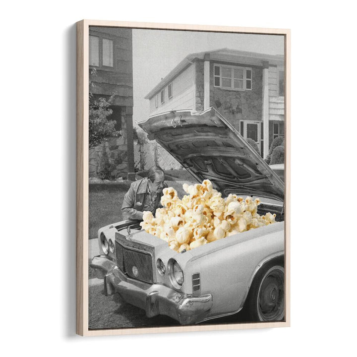 Explore the whimsical "POP THE HOOD, SURREAL ART PRINTS" featuring a popcorn-filled car by Vertigo Artography.